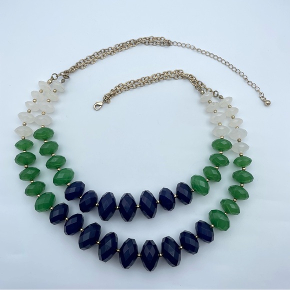 Bold Color Block Statement Necklace Blue Green White Acrylic Beads GoldToneChain - Picture 2 of 7
